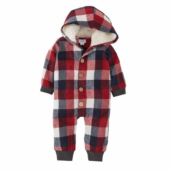 Mud Pie Red and Blue Plaid Hooded Onesie -As Is - Picture 5 of 5